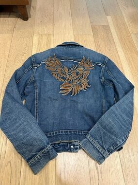 Vintage Fiorucci Authentic S Blue Denim Stretch Angel Wings Fitted Jean Jacket